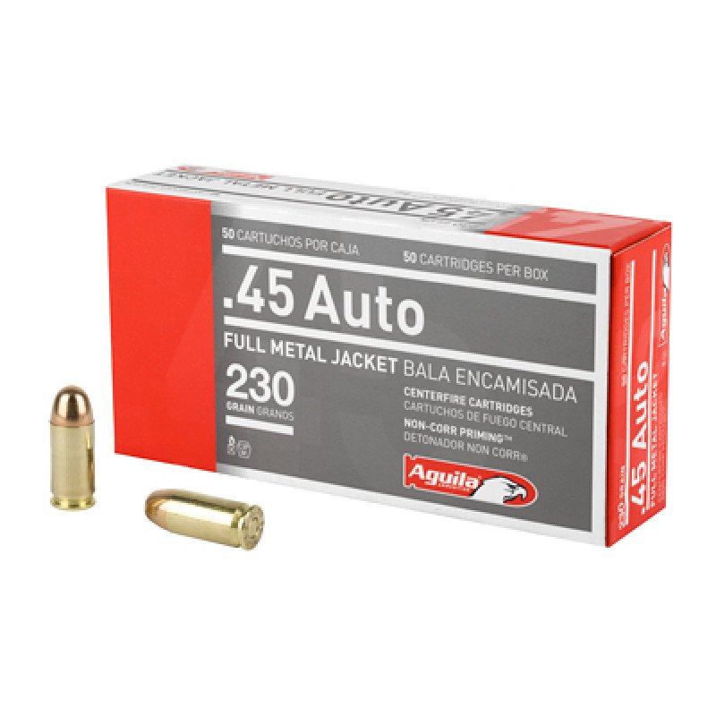 Aguila Ammunition Pistol 45 ACP 230 Grain Full Metal Jacket 50 Round Box 1E452110 This highly effective tactical and combat pistol round offers the perfect combination of accuracy and stopping power. MPN: 1E452110