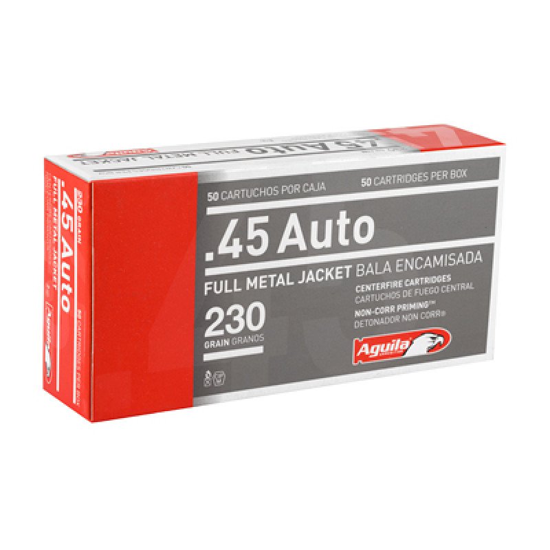 Aguila Ammunition Pistol 45 ACP 230 Grain Full Metal Jacket 50 Round Box 1E452110 This highly effective tactical and combat pistol round offers the perfect combination of accuracy and stopping power. MPN: 1E452110