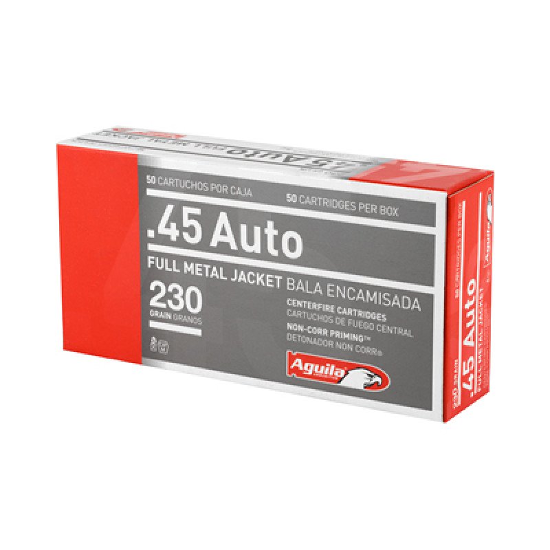 Aguila Ammunition Pistol 45 ACP 230 Grain Full Metal Jacket 50 Round Box 1E452110 This highly effective tactical and combat pistol round offers the perfect combination of accuracy and stopping power. MPN: 1E452110