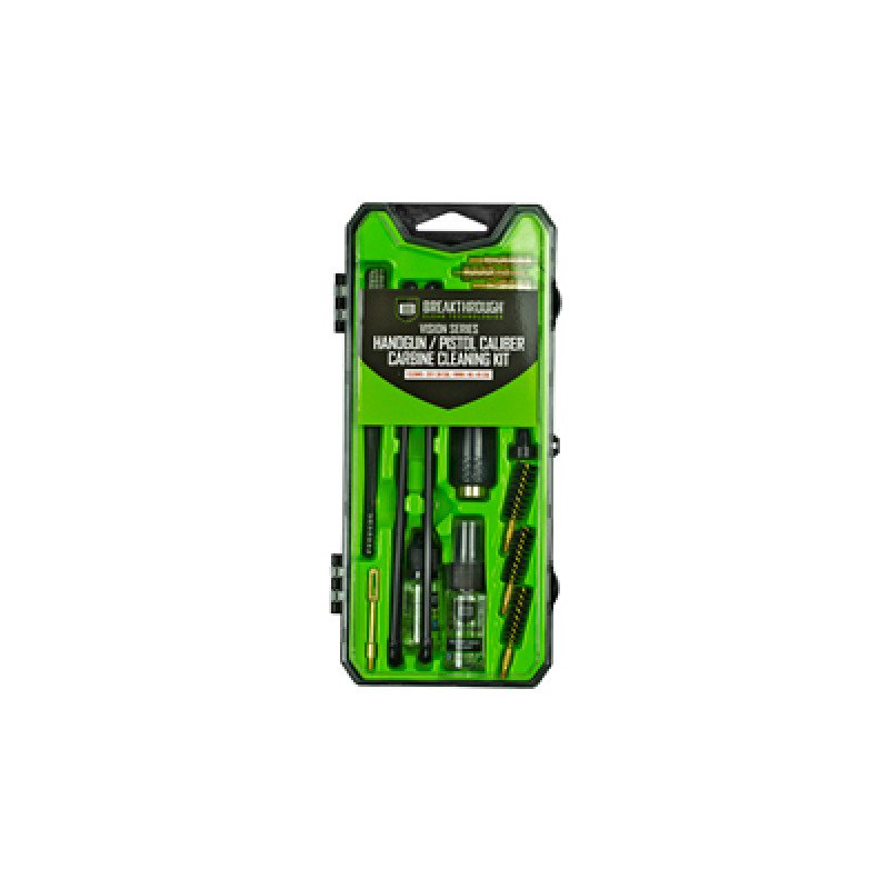 Breakthrough Clean Technologies Vision Series Cleaning Kit For Pistol Caliber Carbine .38/.40/.45 Cal Includes Cleaning Rod Sections Hard Bristle Nylon Brushes Jags Patch Holders Cotton Patches Durable Aluminum Handle And Mini Bottles of Breakthro Breakthroughs compact Vision Series Cleaning Kit line offers you everything you need to ensure a thorough clean. MPN: BT-CCC-HGPCC