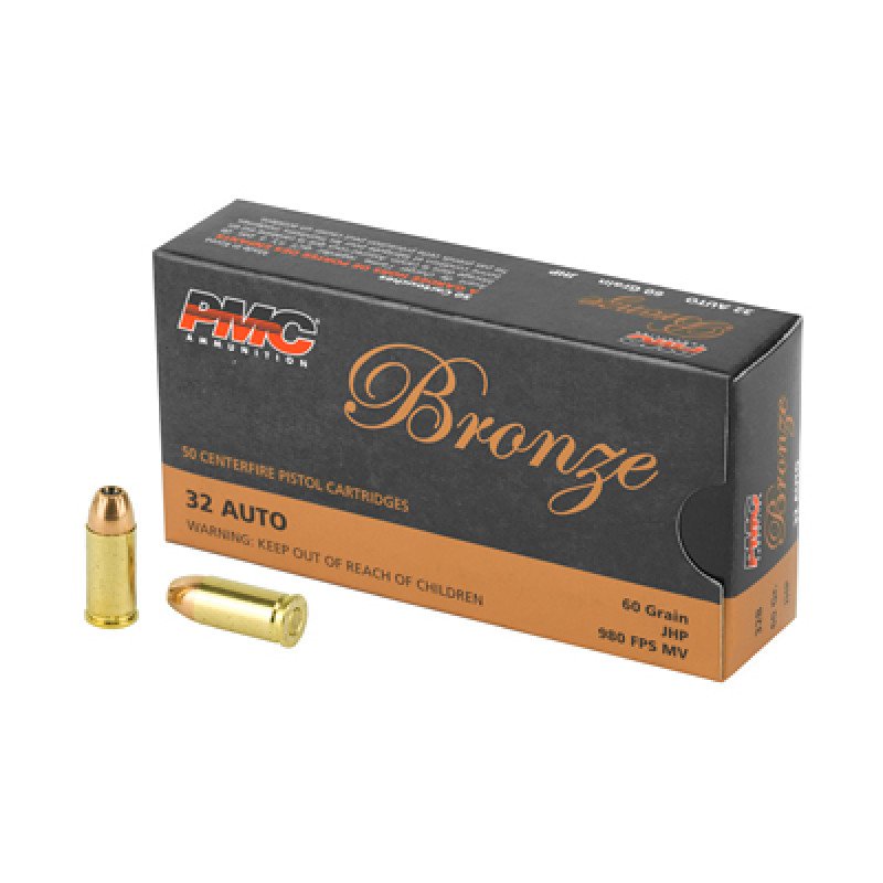 PMC Bronze 32ACP 60 Grain Jacketed Hollow Point 50 Round Box 32B Regardless of the PMC ammunition you choose you can always depend on PMC products quality measured by dependability safety performance and downrange accuracy. MPN: 32B