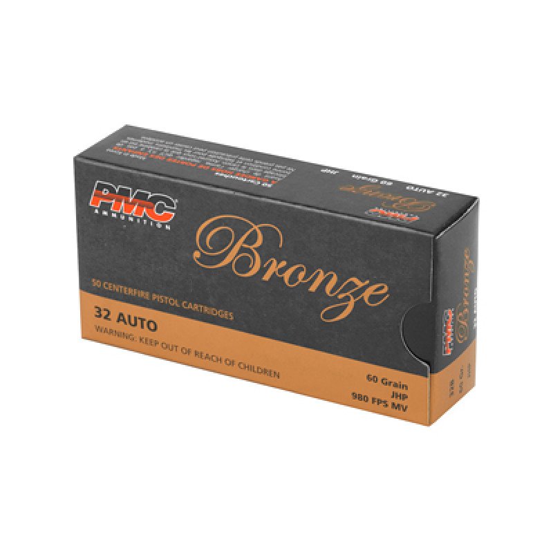 PMC Bronze 32ACP 60 Grain Jacketed Hollow Point 50 Round Box 32B Regardless of the PMC ammunition you choose you can always depend on PMC products quality measured by dependability safety performance and downrange accuracy. MPN: 32B
